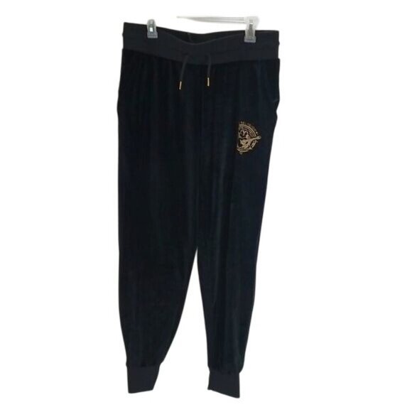 True Religion Womens L Black Velour Jogger Pants Gold Logo Drawstring Waist - Picture 1 of 6